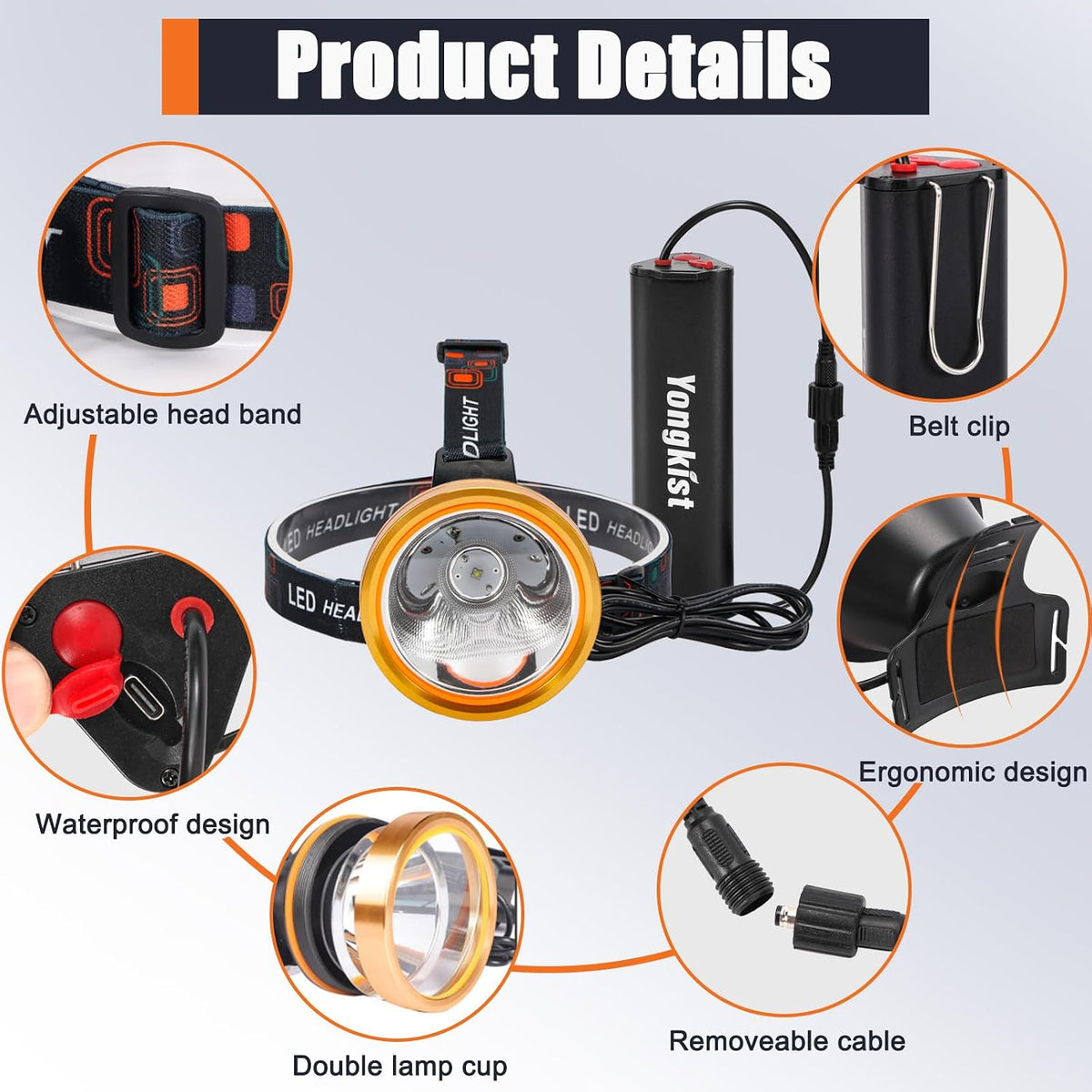 Super Bright Headlamp Rechargeable LED Headlight with Battery, High Power Waterproof Spotlight Flashlight Torch, Coon Hunting Light for Outdoor Camping, Hiking, Fishing, Running, Garden Work