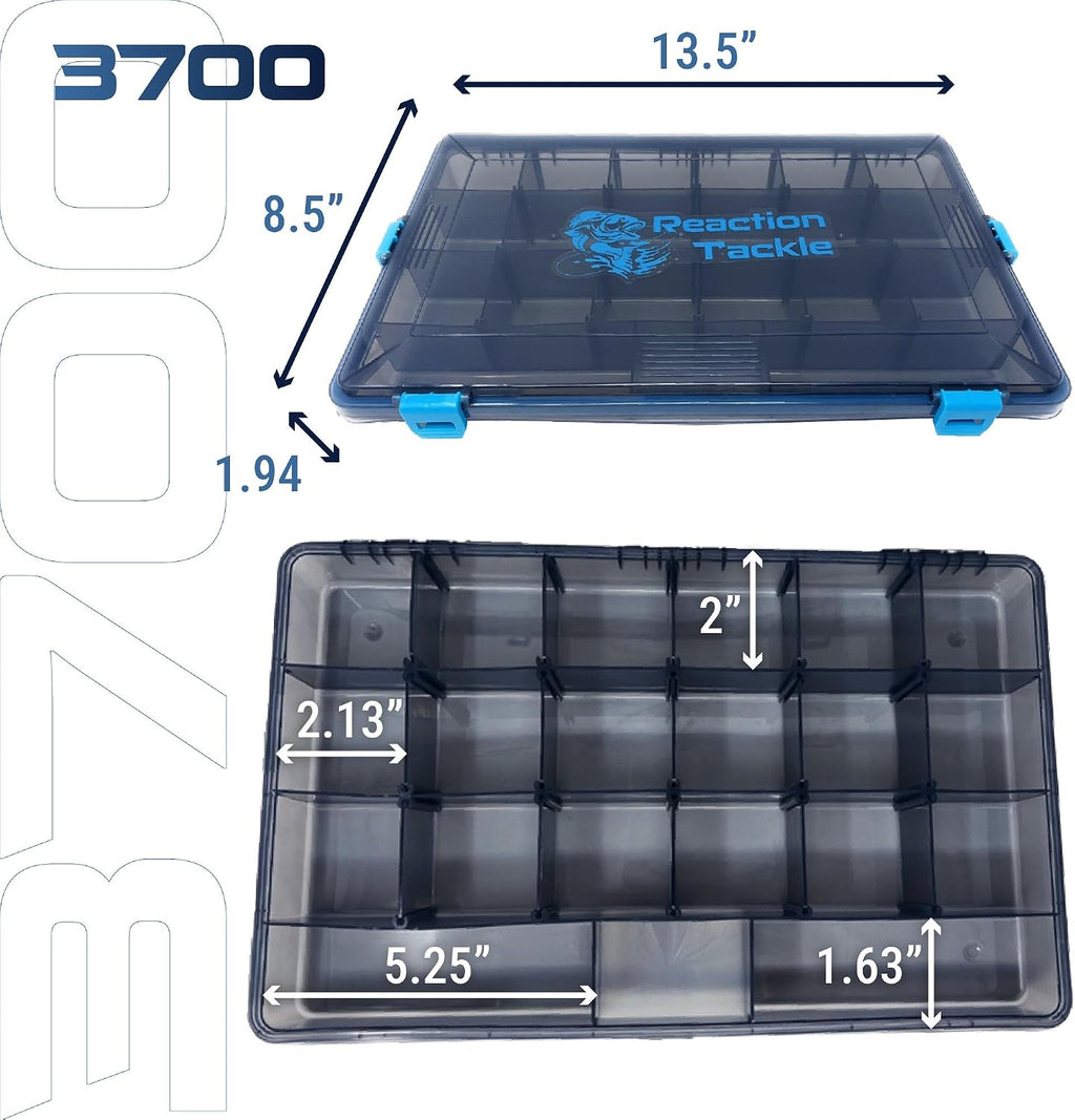 Reaction Tackle Standard Tackle Trays, Plastic Tackle Box Organizers with Four Secure Latches, Removable Dividers and Semi Transparent Lid for Fishing Storage - 3700 (4-Pack)
