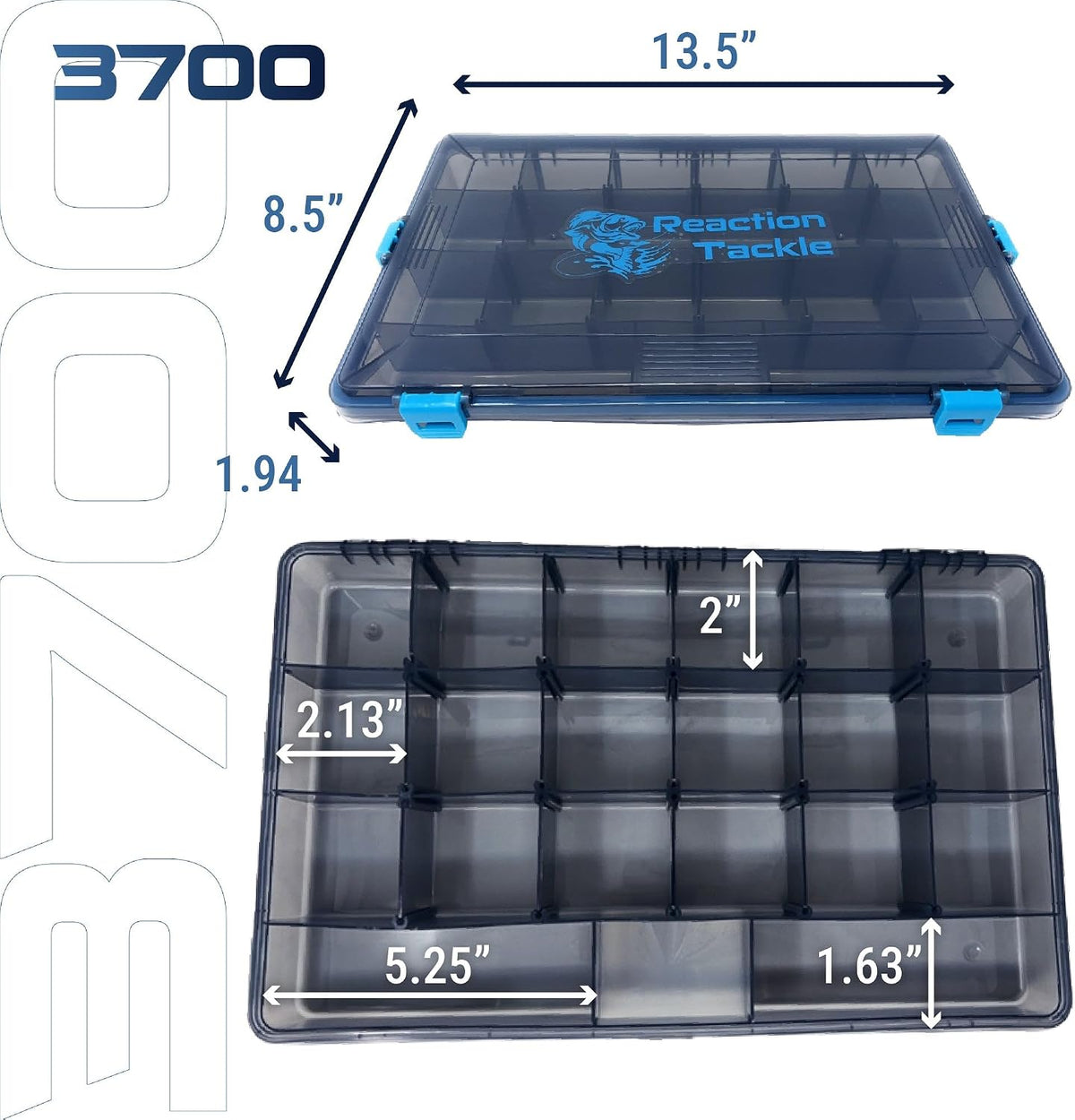 Reaction Tackle Standard Tackle Trays, Plastic Tackle Box Organizers with Four Secure Latches, Removable Dividers and Semi Transparent Lid for Fishing Storage - 3700 (4-Pack)