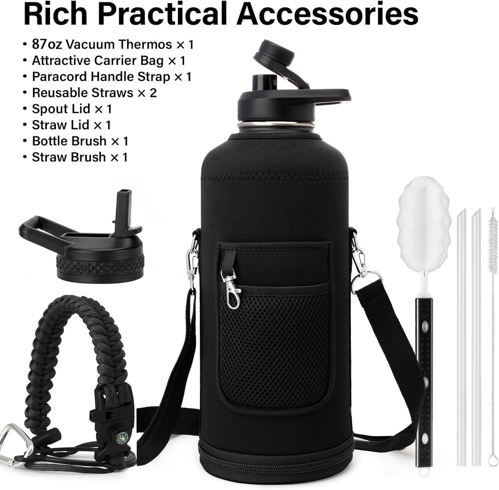 DYSANKY Insulated Water Bottle | Thickened Stainless Steel for Gym and Hiking with Straw, Carrier Bag, Handle Strap | BPA-Free 87 oz