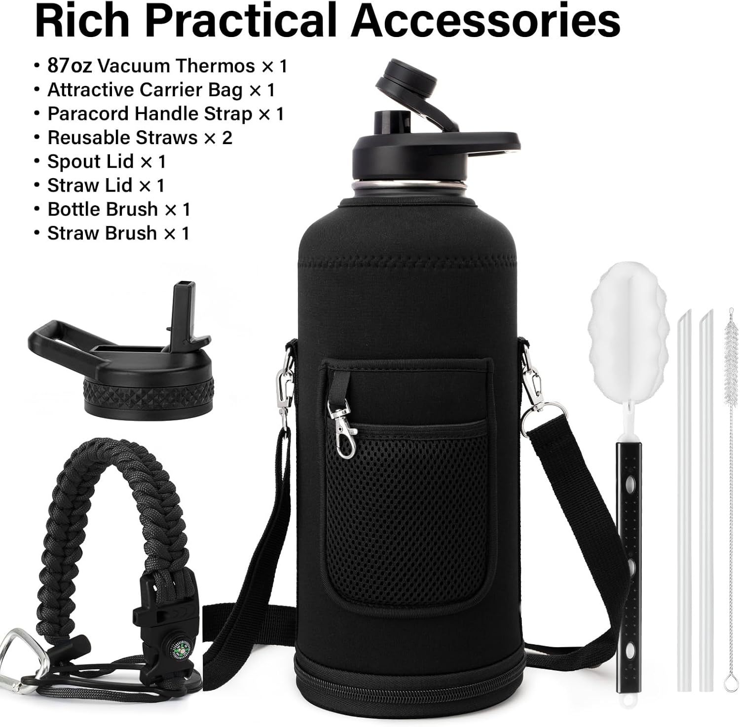 DYSANKY Insulated Water Bottle | Thickened Stainless Steel for Gym and Hiking with Straw, Carrier Bag, Handle Strap | BPA-Free 87 oz