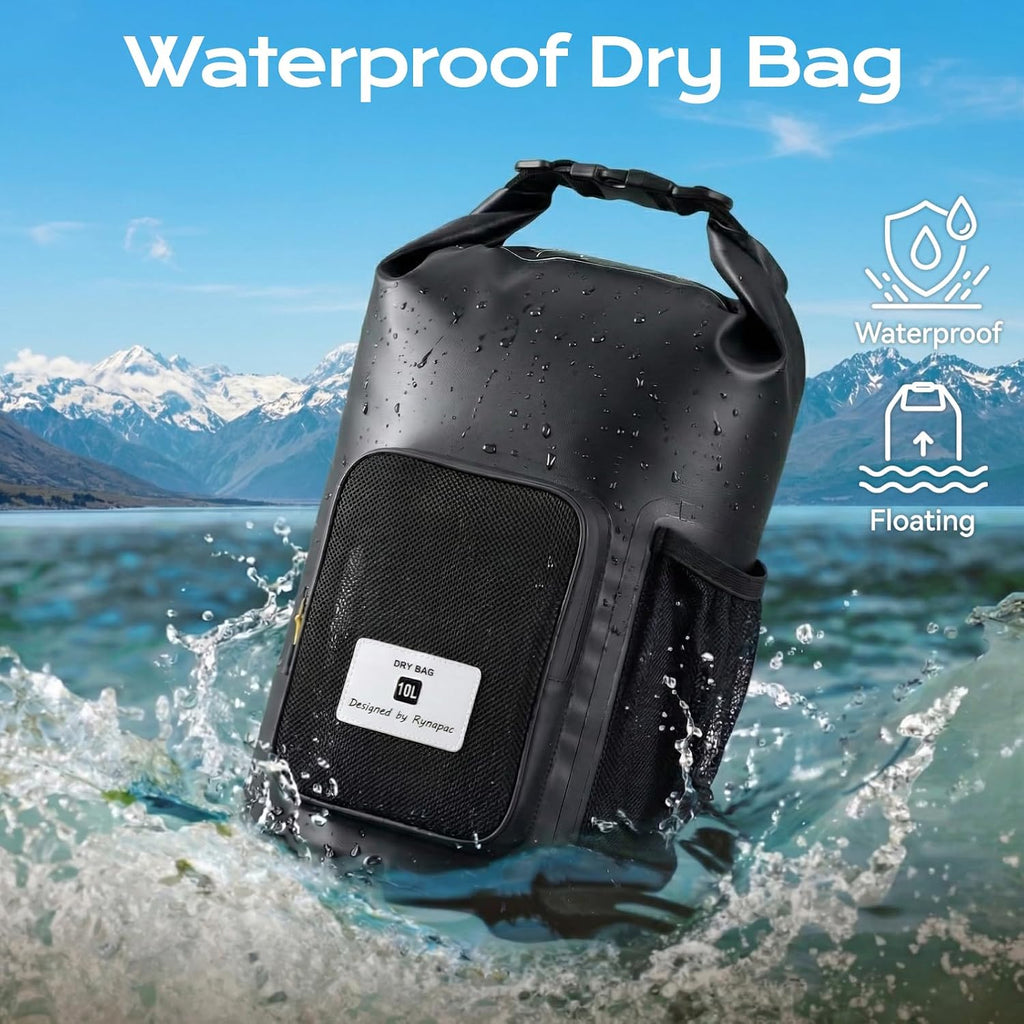 Rynapac 10L Waterproof Dry Bag with Bottle Holder & Mesh Pocket, 500D PVC Tarpaulin Roll Top Dry Sack with Inner Waterproof Adsorption Film, Dry Storage Bag for Kayaking, Boating, Beach, Camping