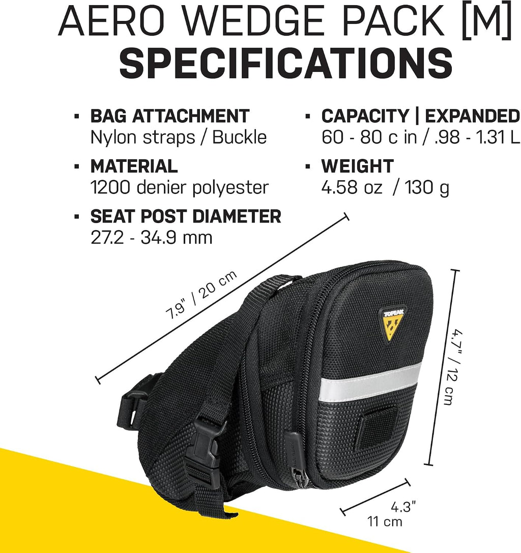 Topeak Aero Wedge Pack (Strap Mount, Medium) – Aerodynamic Seat Bag for Bikes, 1200D Polyester Construction, Quick-Release Buckle Mount, Expandable Storage, 3M Reflective Strip & Safety Light Clip