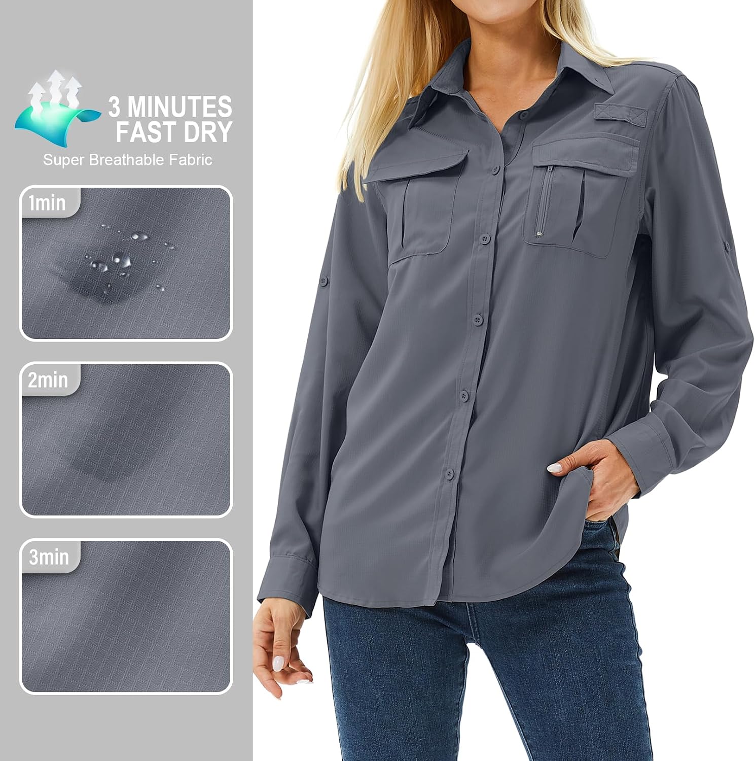Women's UPF 50 Long Sleeve Sun Protection Safari Fish Hiking Shirts