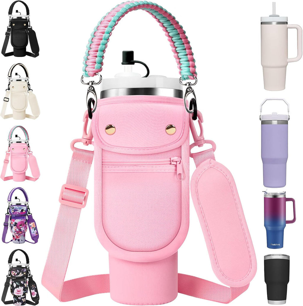 AceTreker Water Bottle Carrier Bag with Phone Pocket for Stanley 40/30 oz Tumbler Neoprene Insulated Mug Sleeve Pouch with 2 Pockets & Adjustable Strap & Straw Cover for Stanley Cup Accessories