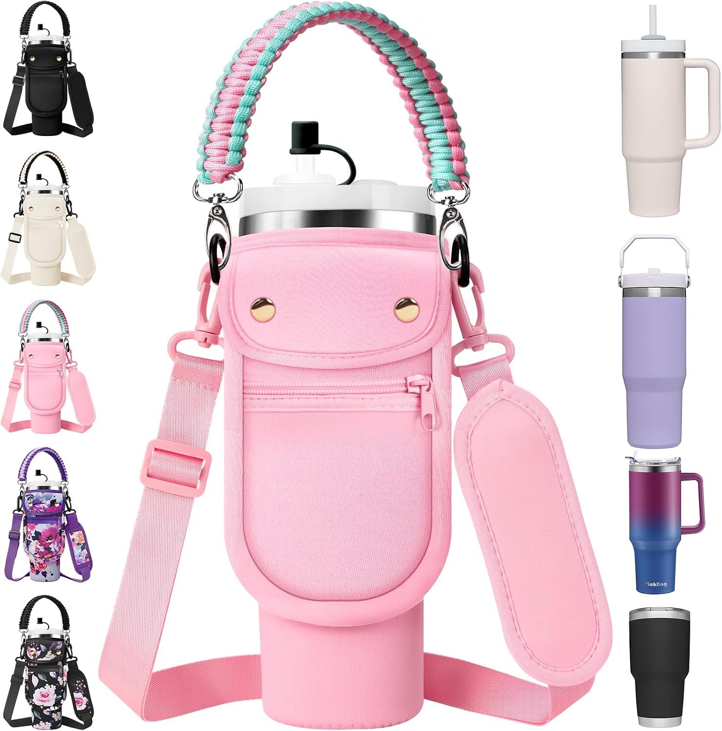 AceTreker Water Bottle Carrier Bag with Phone Pocket for Stanley 40/30 oz Tumbler Neoprene Insulated Mug Sleeve Pouch with 2 Pockets & Adjustable Strap & Straw Cover for Stanley Cup Accessories