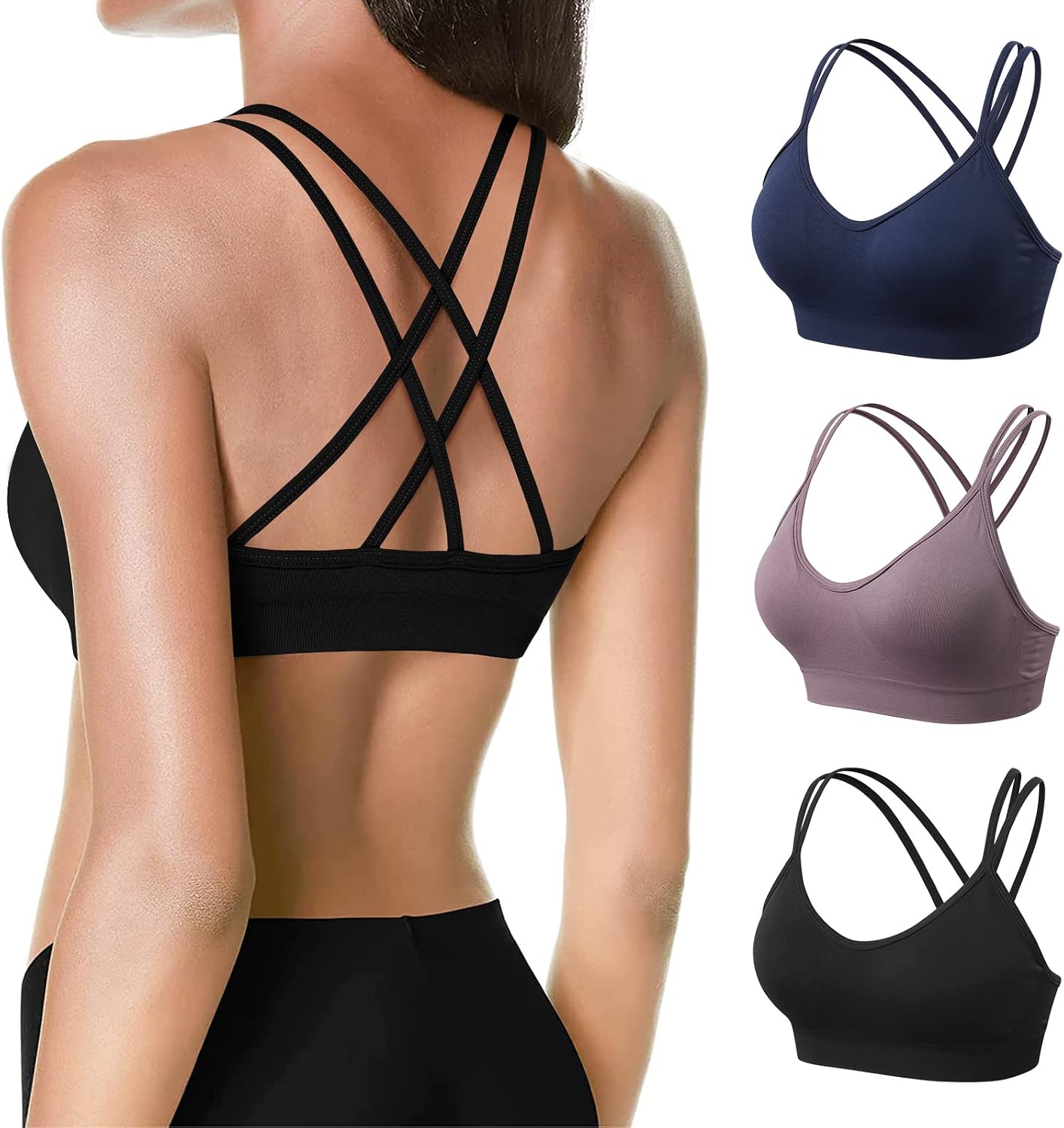 VEQKING Strappy Cross Back Women Sports Bras with Removable Cups