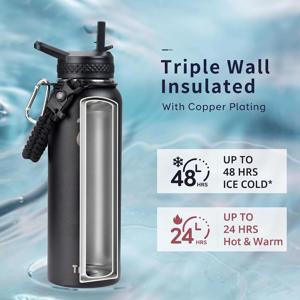 Trebo Water Bottle Insulated 40 oz with 3 Lids, Paracord Handle & Sleeve