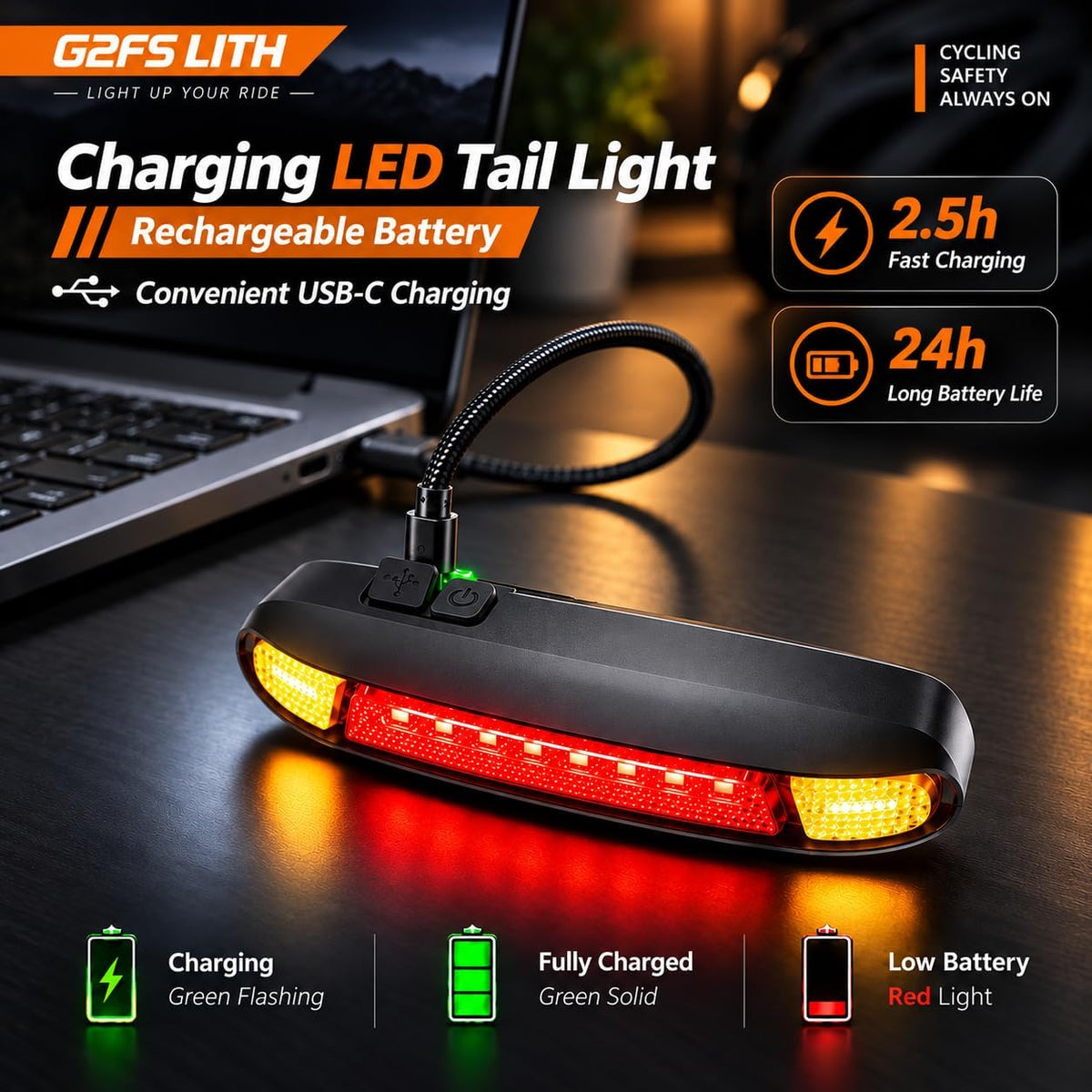 USB-C Bike Tail Light Red Yellow Dual Flash IPX6 Waterproof Rack Lamp