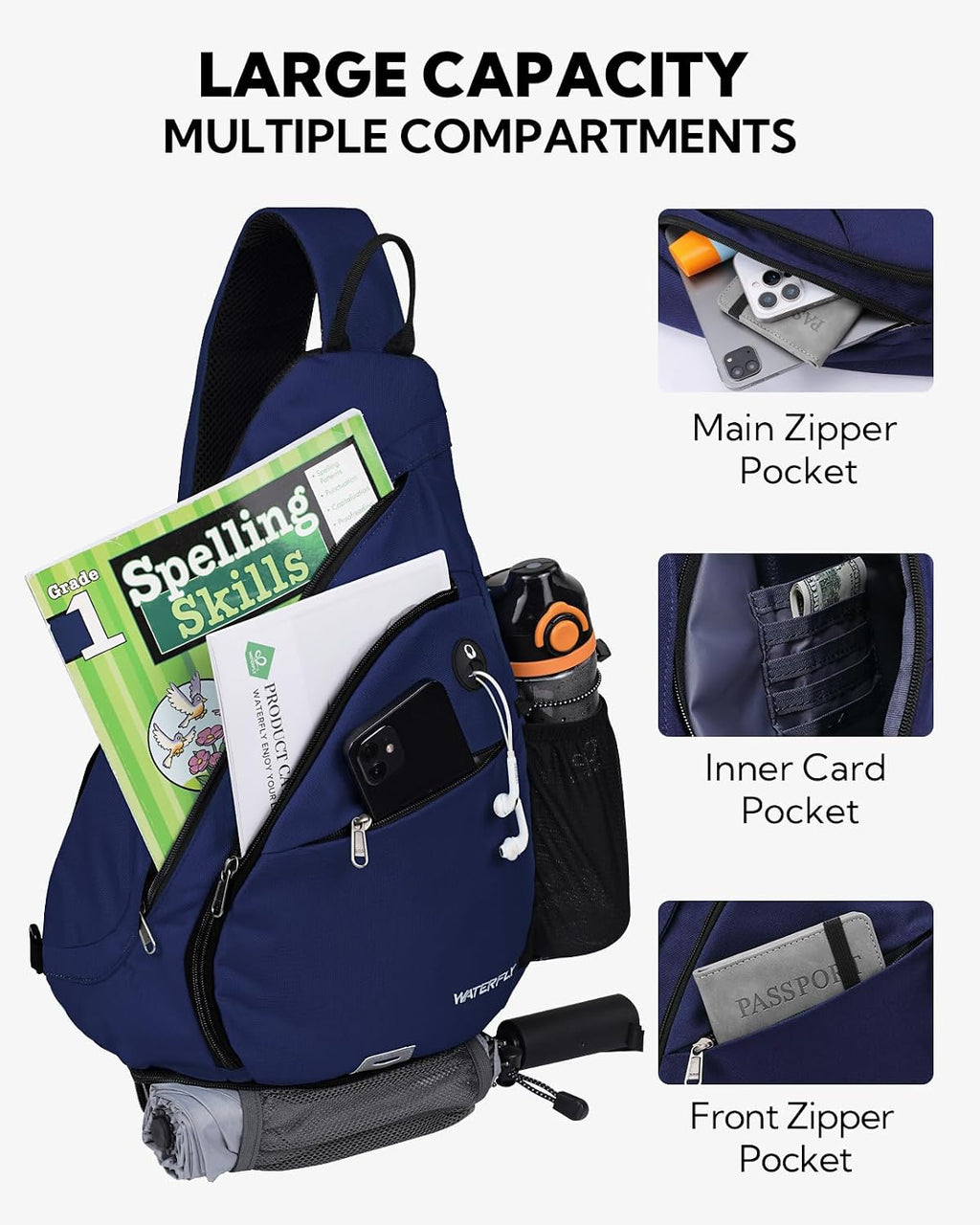 WATERFLY Large Sling Bag Crossbody Backpack Chest Pack for Men Women