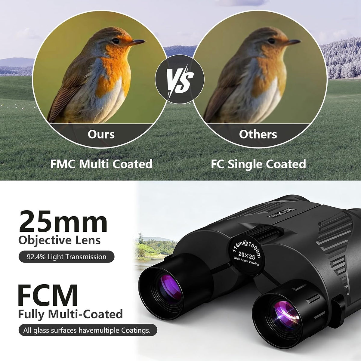 20x25 Compact Binoculars with Strap for Kids and Adults, Sharp Clear, Mini Low Weight Binoculars for Bird Watching,Hiking Outdoor, Cruise Ship,Concert