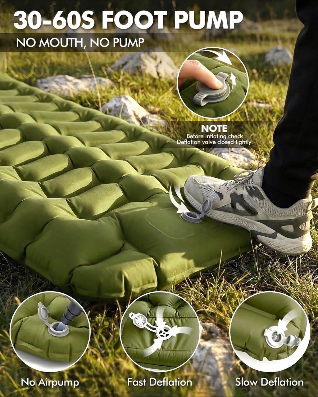 Camping Sleeping Pad, Inflatable Camping Mattress Pad with Built-in Pillow & Foot Pump, 4 Inch Thick Ultralight Sleeping Air Mattress for Backpacking, Hiking, Traveling, Tent Camping - Olive Green