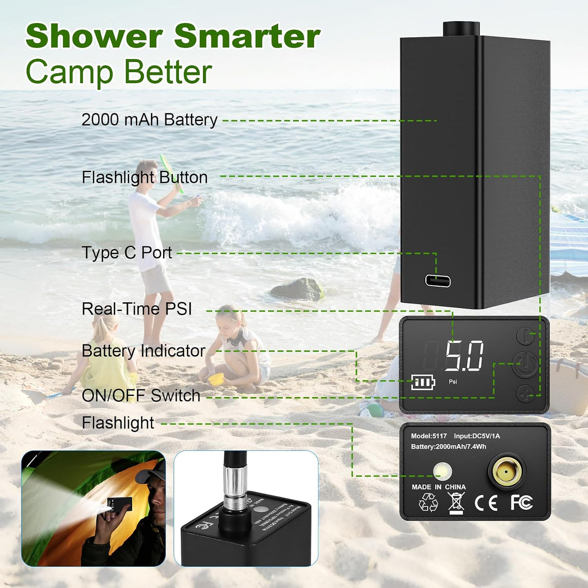 Portable Camping Shower with Battery Powered Pump, 5 Gal/20L Solar Heated Camp Shower Bag, 3-Mode Shower Head & Travel Case for Outdoor Camping, Beach Rinse & Dogs