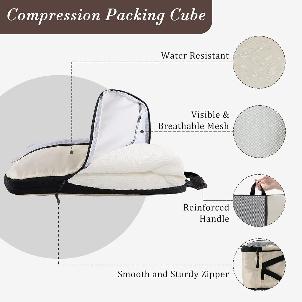 U+U 4 Set Compression Packing Cubes, Travel Organizers (Cream)
