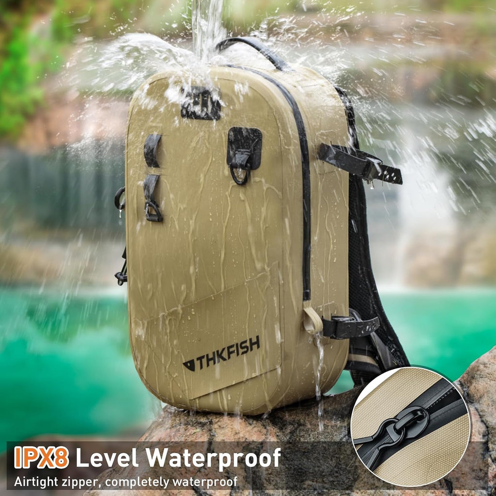 THKFISH IPX8 Waterproof Fishing Backpack with Rod Holder, Lightweight Fishing Sling Bag, Move Freely Fish Gifts for Men