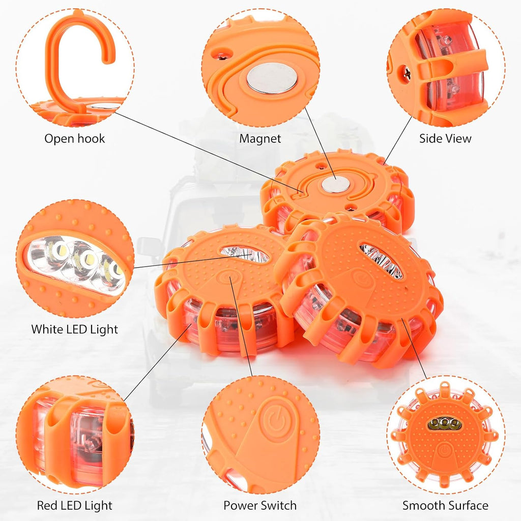 Tallew 16 Pack LED Road Emergency Roadside Lights Flashing Safety Warning Kit Beacon Magnet Hook Vehicle Boat Truck Disc Magnetic Flash Cars Security Driveway Automotive Strobe