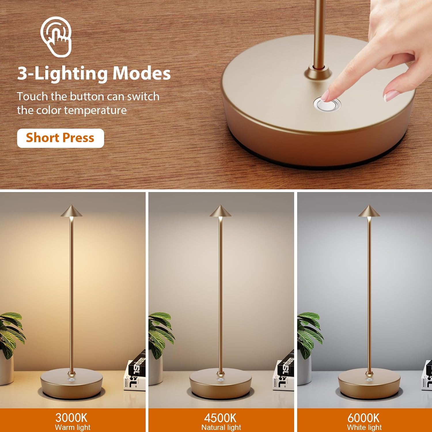 Rechargeable Cordless Table Lamp, Portable Powered LED Battery 6000mAh Metal USB Desk Lamp, 3 Levels Brightness Light for Restaurants Outdoor (Titanium)