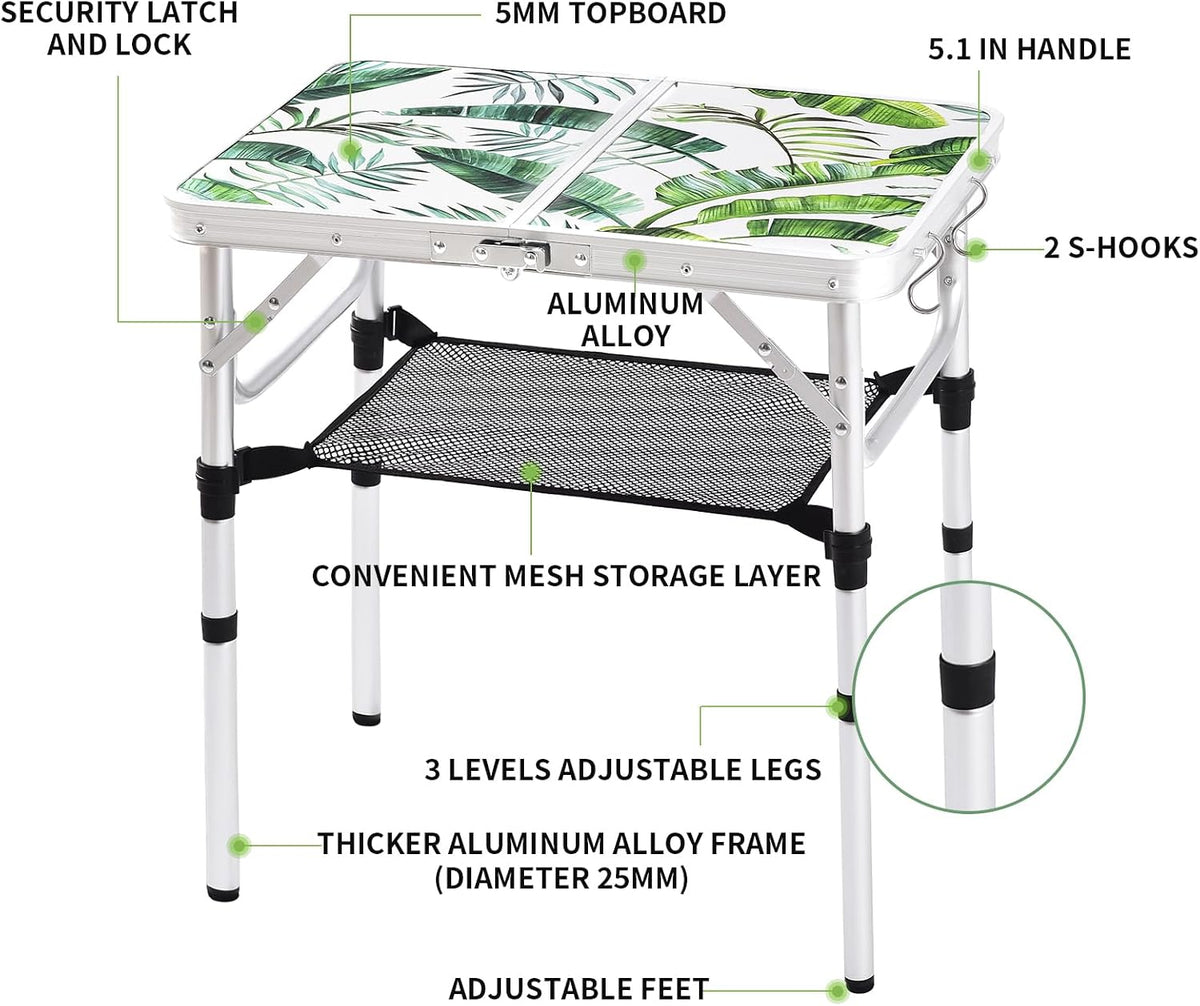 Folding Camping Table 2ft Portable Picnic Table, Monstera Palm Leaves