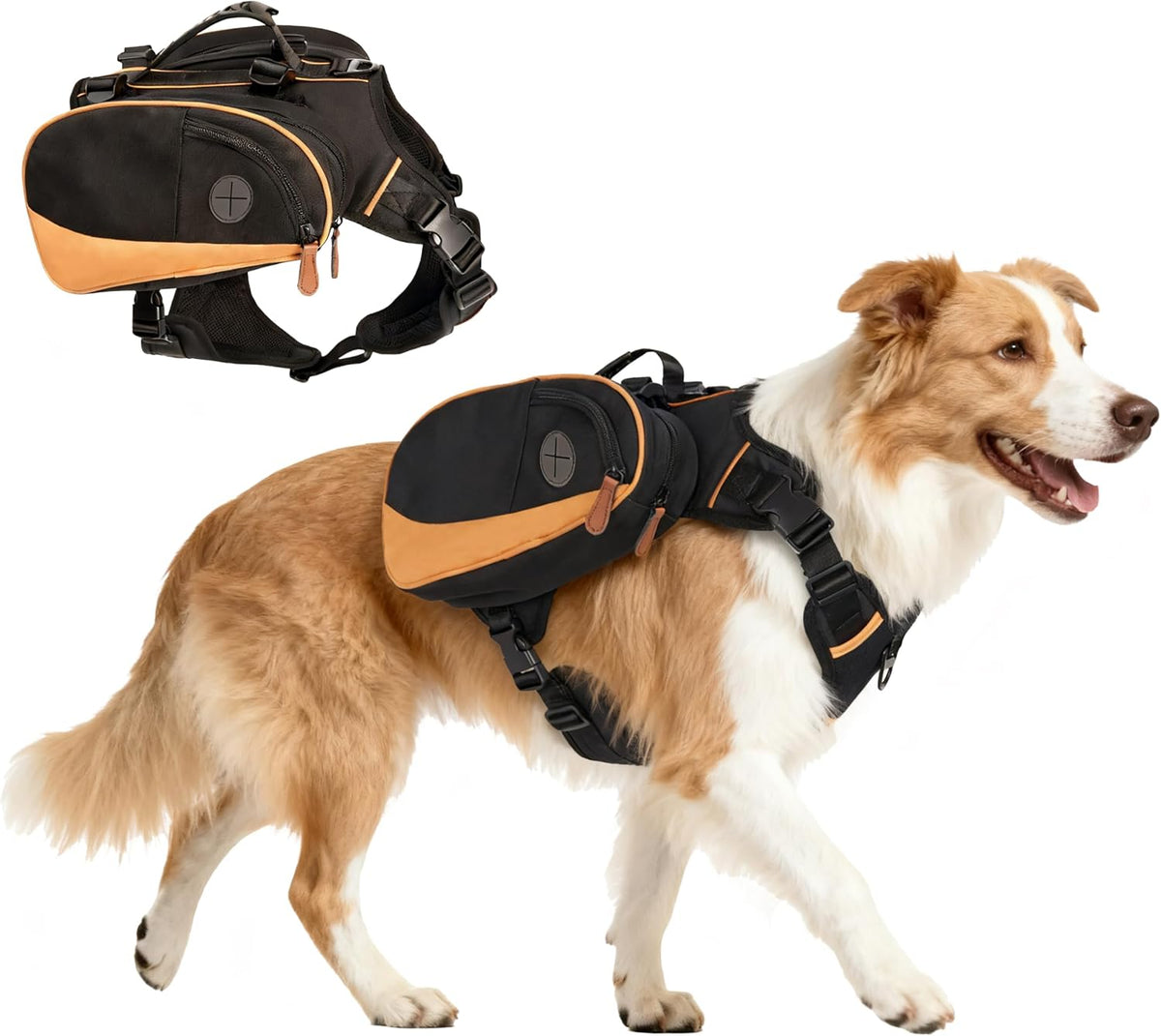 Dog Backpack for Medium & Large Dogs, Detachable Side Bags, Quick-Poop Bag Dispenser | No-Pull Adjustable Harness for Large-Chested Breeds | Non-Slip Handle for Hiking, Walking, Outdoor Adventures（S）