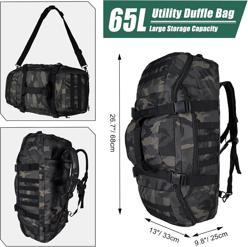 Hannibal Tactical 65L Large Duffle Bag, 3-in-1 Tactical Backpack MOLLE Pack for Sports, Gym, Outdoor, Black Camo
