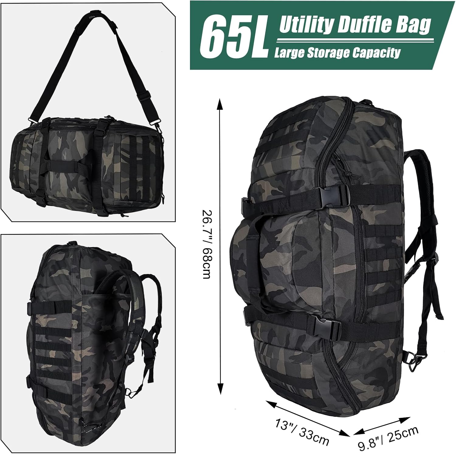 Hannibal Tactical 65L Large Duffle Bag, 3-in-1 Tactical Backpack MOLLE Pack for Sports, Gym, Outdoor, Black Camo