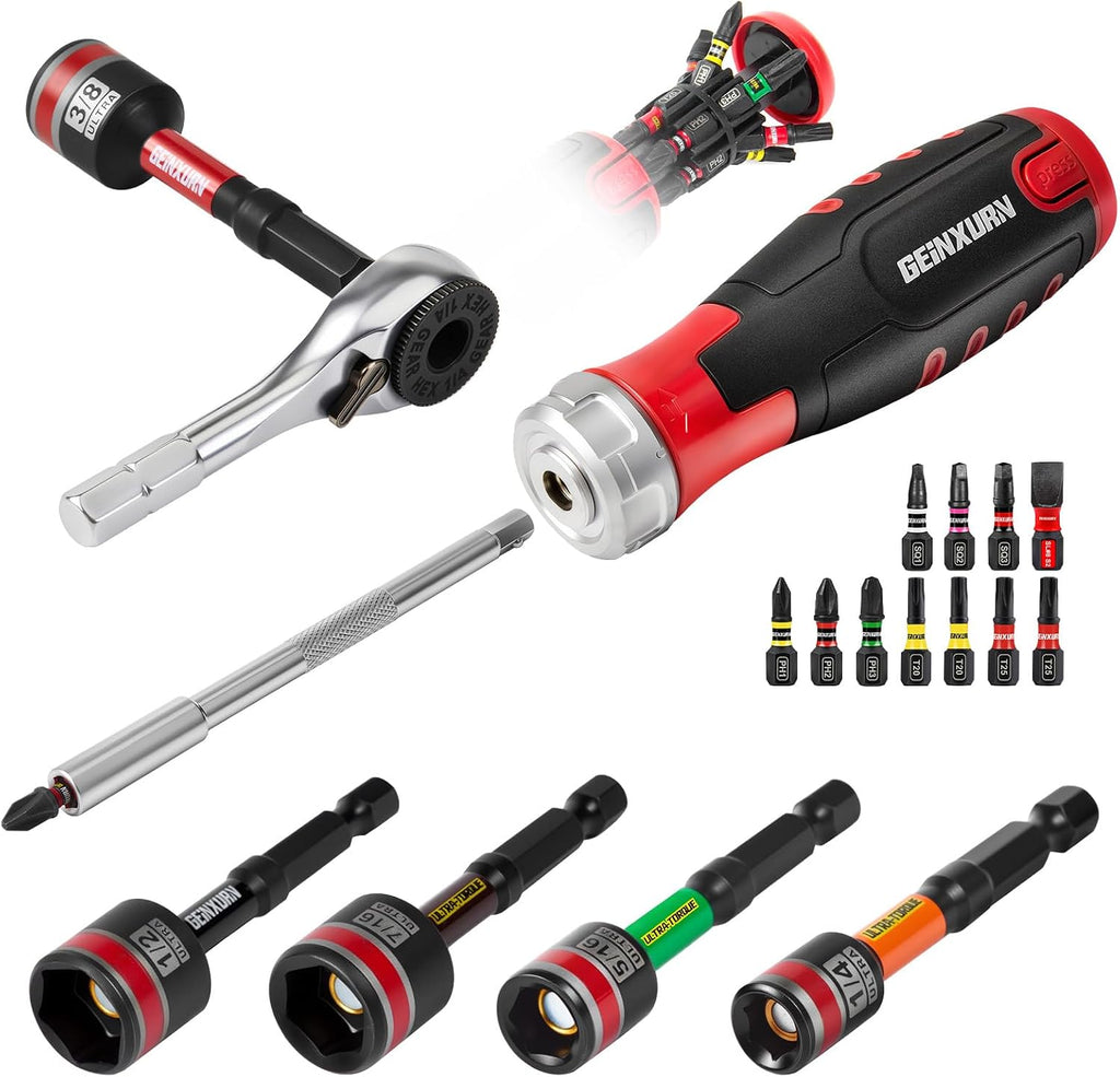 GEINXURN 19 Pieces Ratcheting Screwdriver Set and Socket Wrench Set, Mini Rachet Wrench, Rachet Screwdriver Handle and Nut Driver with 12 Pcs Impact Screwdriver Bit, Hand Tools Set for Repair DIY