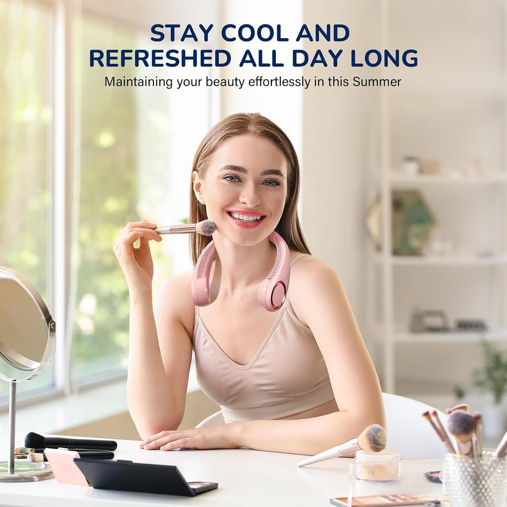 Morelax Neck Fan, USB Rechargeable Personal Fan, 3 Speeds Adjustable, Large air outlet Powerful Strong Wind, Adjustable, 360° Cooling, Super Quiet, No Blade Design, No Hair Twisting, Small (Pink)
