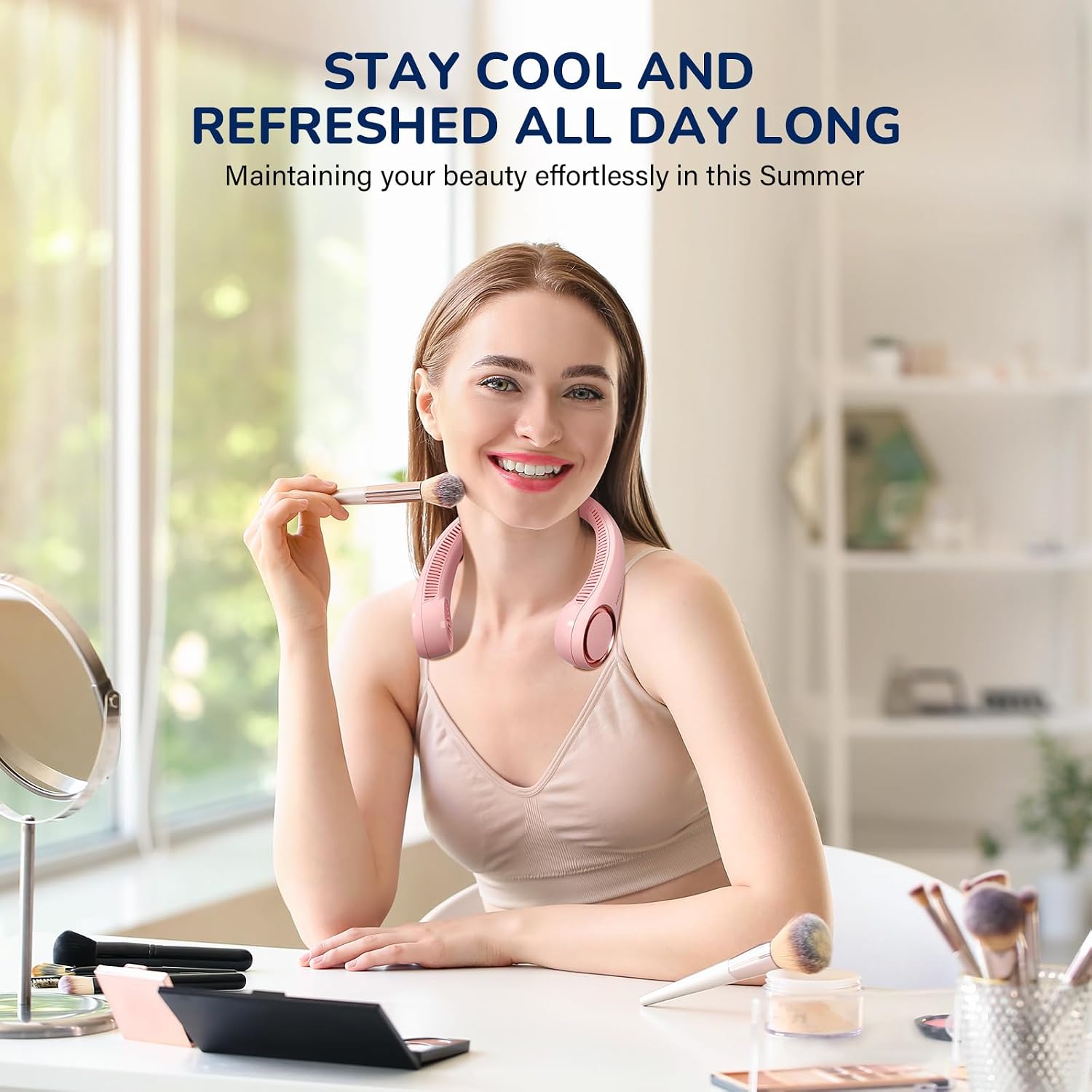 Morelax Neck Fan, USB Rechargeable Personal Fan, 3 Speeds Adjustable, Large air outlet Powerful Strong Wind, Adjustable, 360° Cooling, Super Quiet, No Blade Design, No Hair Twisting, Small (Pink)