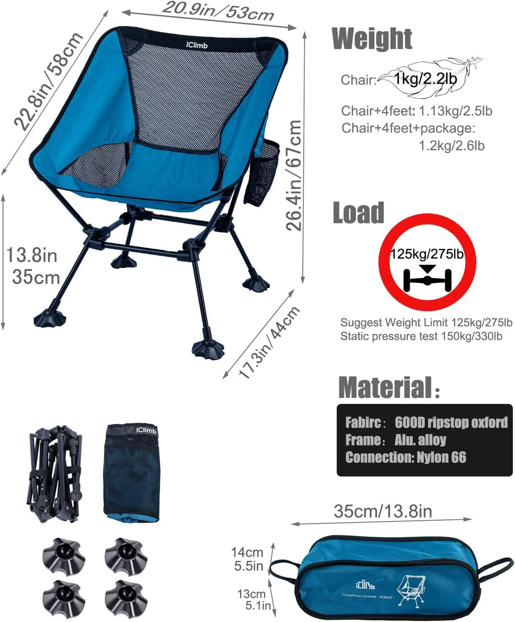 iClimb Ultralight Compact Folding Anti-Sinking Chair, Blue