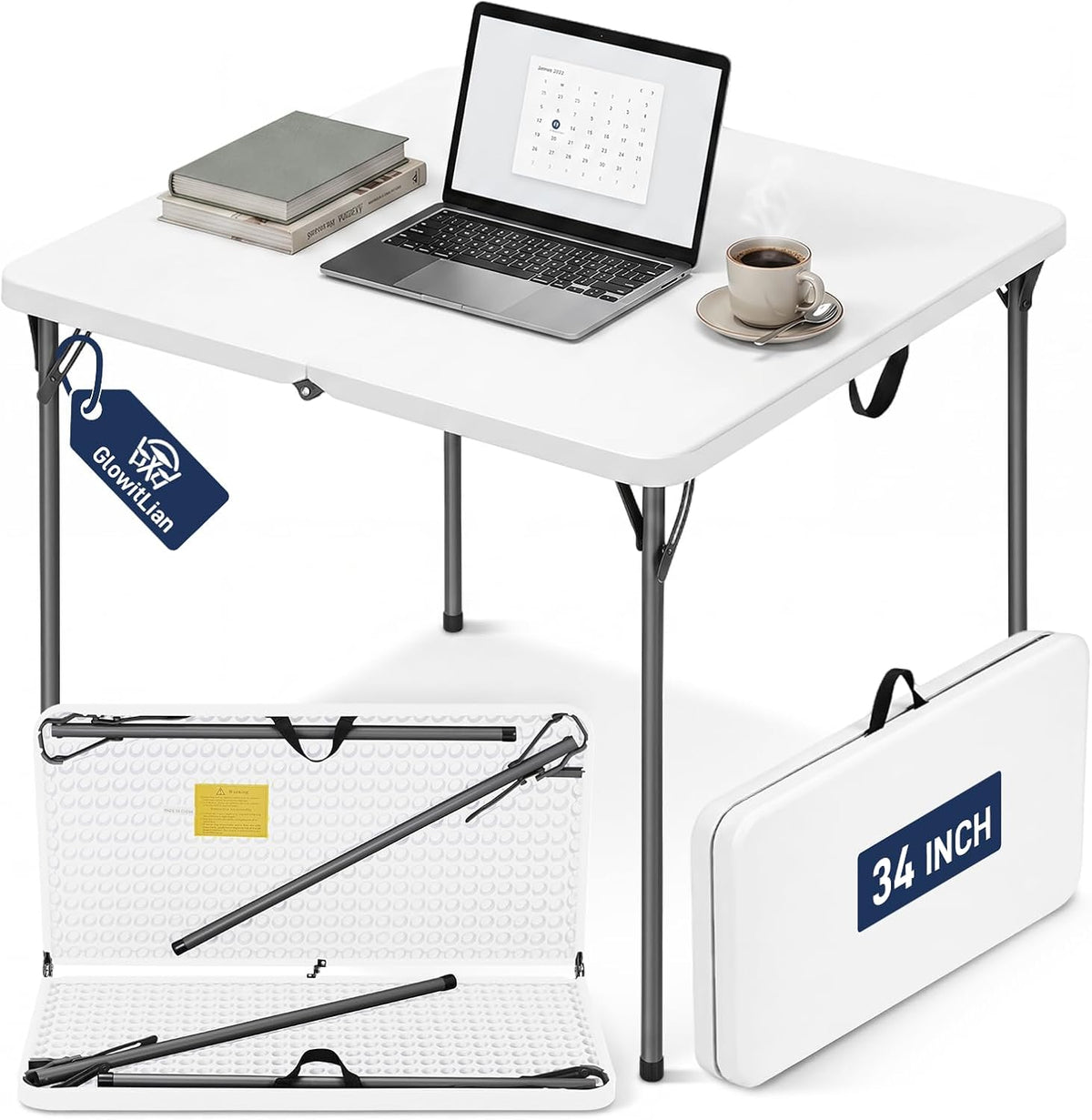 34" Square Folding Table for 4 Person, 330lbs Weight Capacity Foldable Table with HDPE Tabletop & Heavy-Duty Steel Legs, Large Portable Picnic Table for Indoor Outdoor Parties, Camping, White