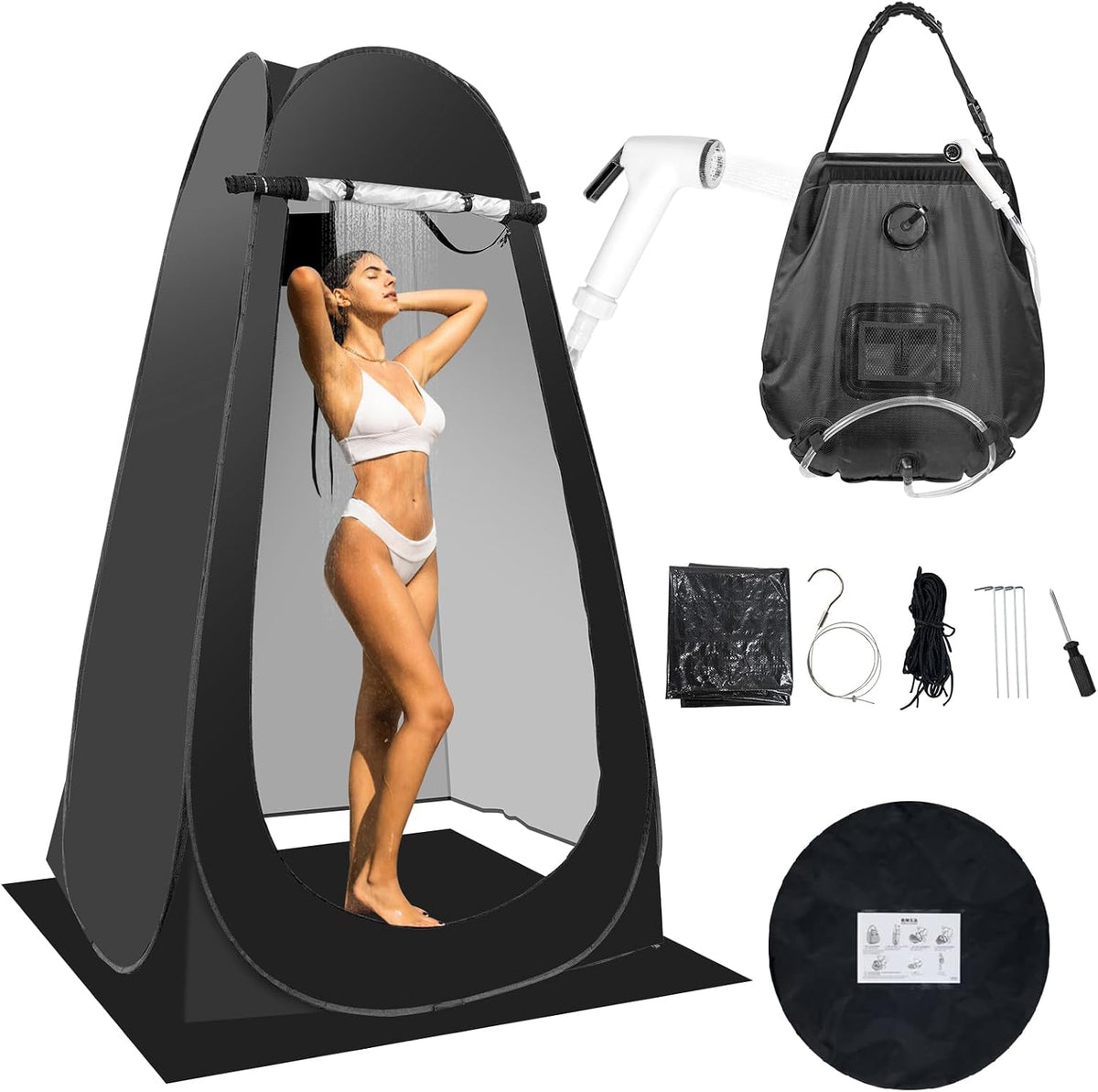 Portable Camping Shower Tent,Shower Tent Kit, Outdoor Pop Up Privacy Tent,Changing Tent with 5 Gallon Shower Bag-(Nozzle Upgraded)