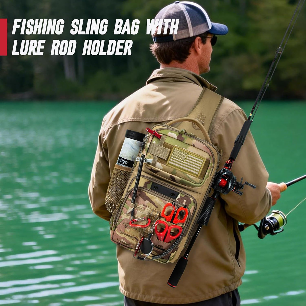 Fishing Sling Bag with Tackle Box, MOLLE System Fishing Backpack with Fishing Lures Kit, Fish Hook Remover Tool, Fish Lip Gripper, Fishing Plier & Accessories, Fishing Gear Gift for Men, Khaki