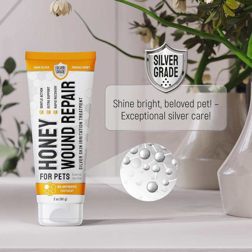 SILVER GRADE Dog Wound Care with Manuka Honey & Colloidal Silver for Scratches & Skin Irritations – Cat & Dog Hot Spot Treatment Gel Works as Honey Rapid Wound Repair for Horses – for All Pets – 2-Oz