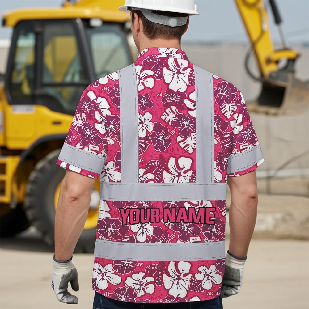 High Visibility Hawaiian Shirt for Men Tropical Shirts Custom Name Floral Outfit Reflective Safety Workwear