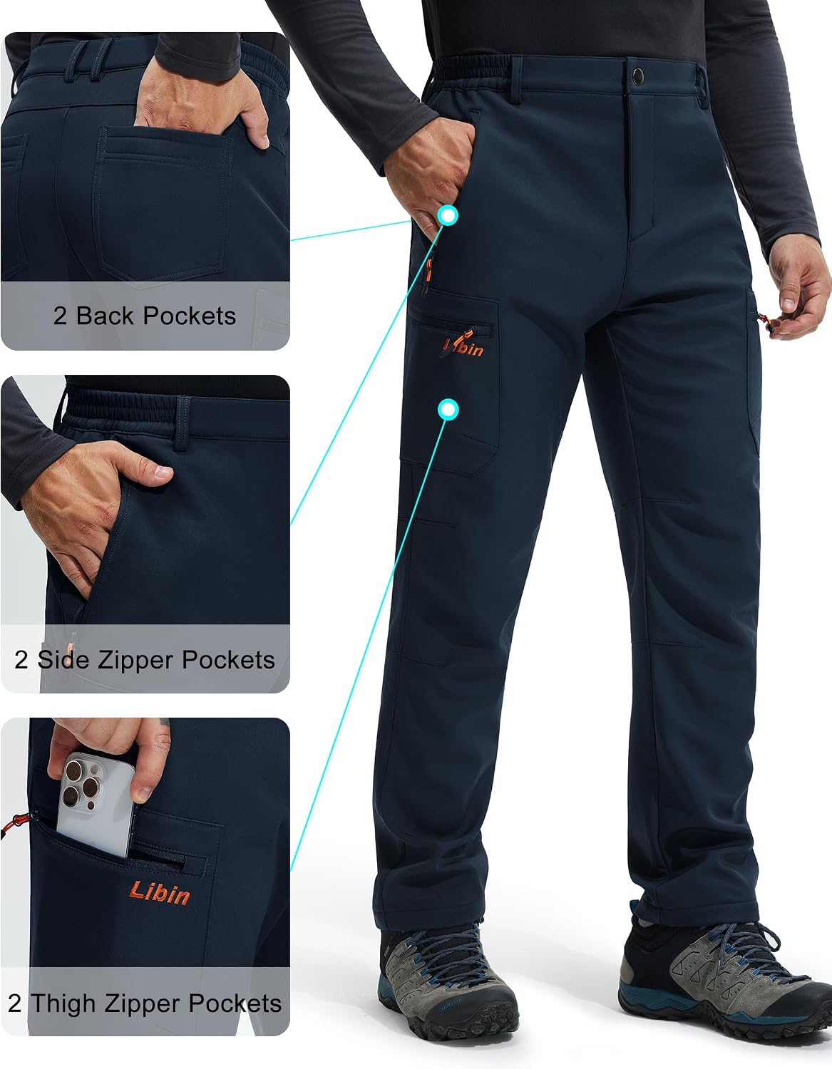 Libin Men's Fleece Lined Hiking Pants Snow Ski Water Resistant