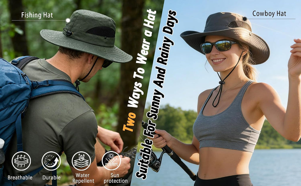 ZOORON Sun Hats for Men Women, Wide Brim Safari Hats UV Protection UPF50+ Waterproof Boonie Hats for Fishing Hiking Camping