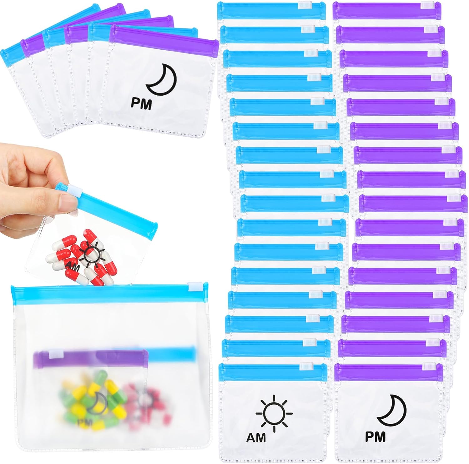 Colarr 56 Pcs AM PM Pill Pouches Bags Travel Zippered, Blue, Purple