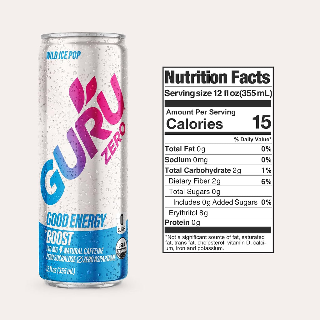 GURU Zero Sugar Organic Energy Drink, Ice Pop, 12 Fl Oz, 24 Pack