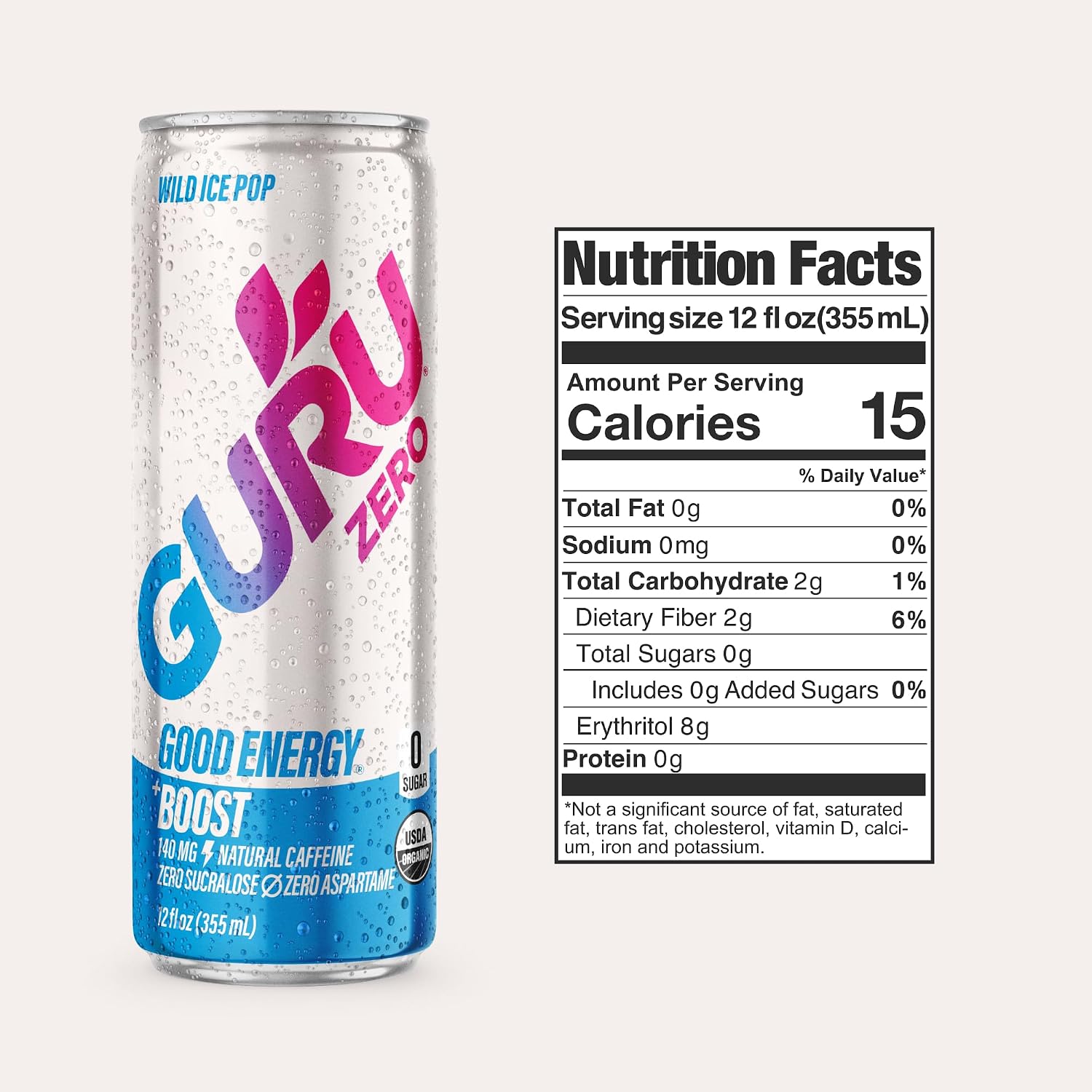 GURU Zero Sugar Organic Energy Drink, Ice Pop, 12 Fl Oz, 24 Pack