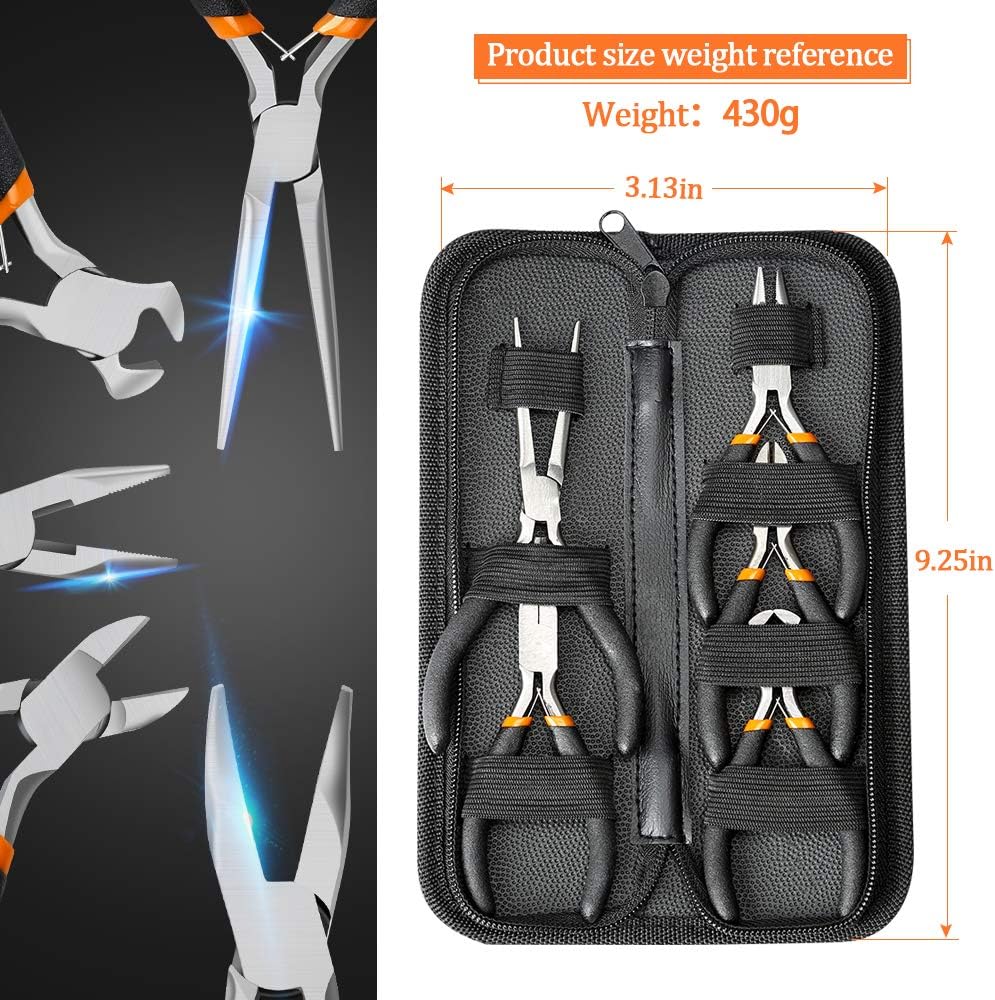 SOONAN 5 Pieces Mini Pliers, Long Lasting Tool Set Cable Cutters – Long Needle Nose, Long Nose, Nipper Bent Nose, End Cutting, Diagonal Cutting, Precision Pliers Set