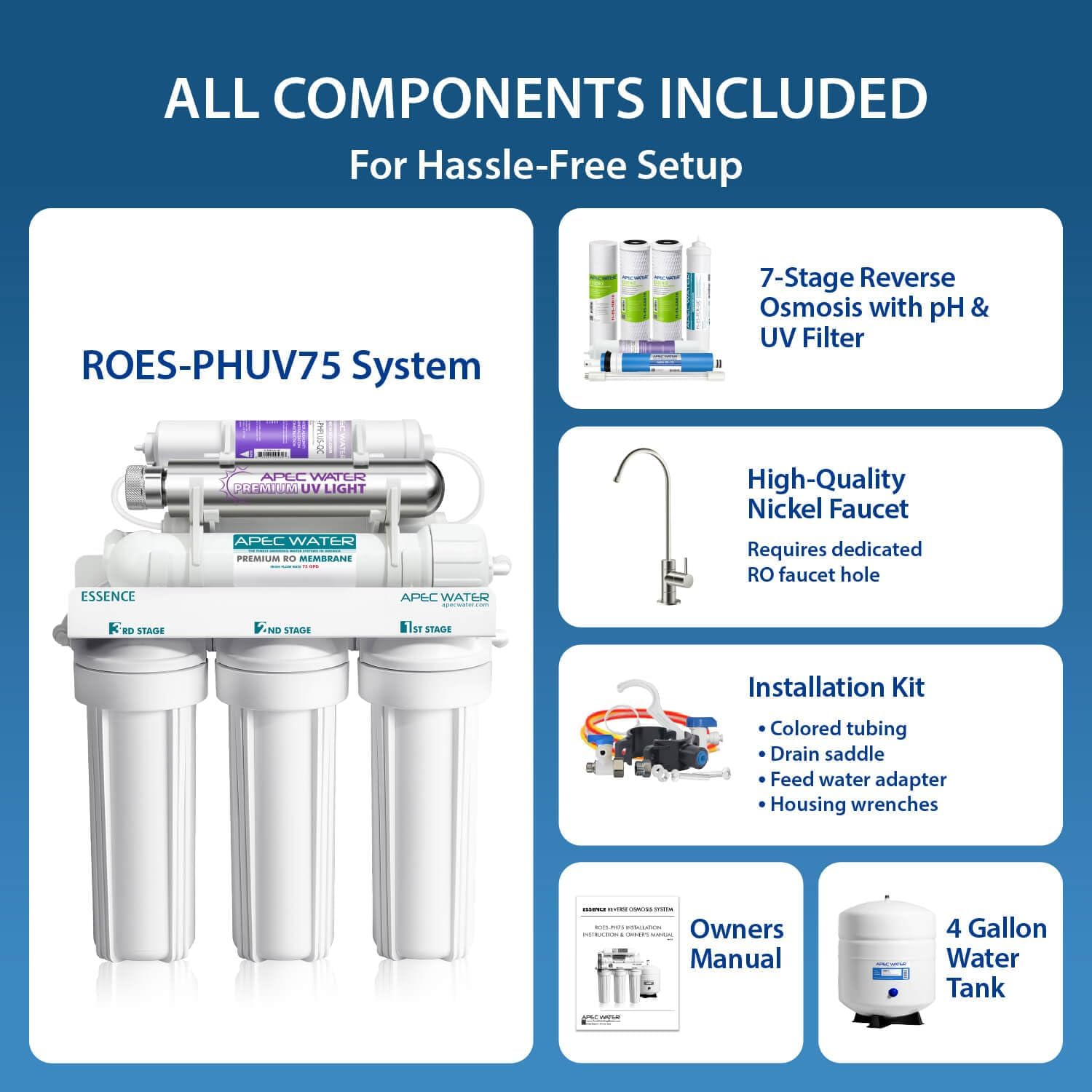 APEC Water ROES-PHUV75, 7-Stage Under Sink RO System, Alkaline & UV, 75 GPD
