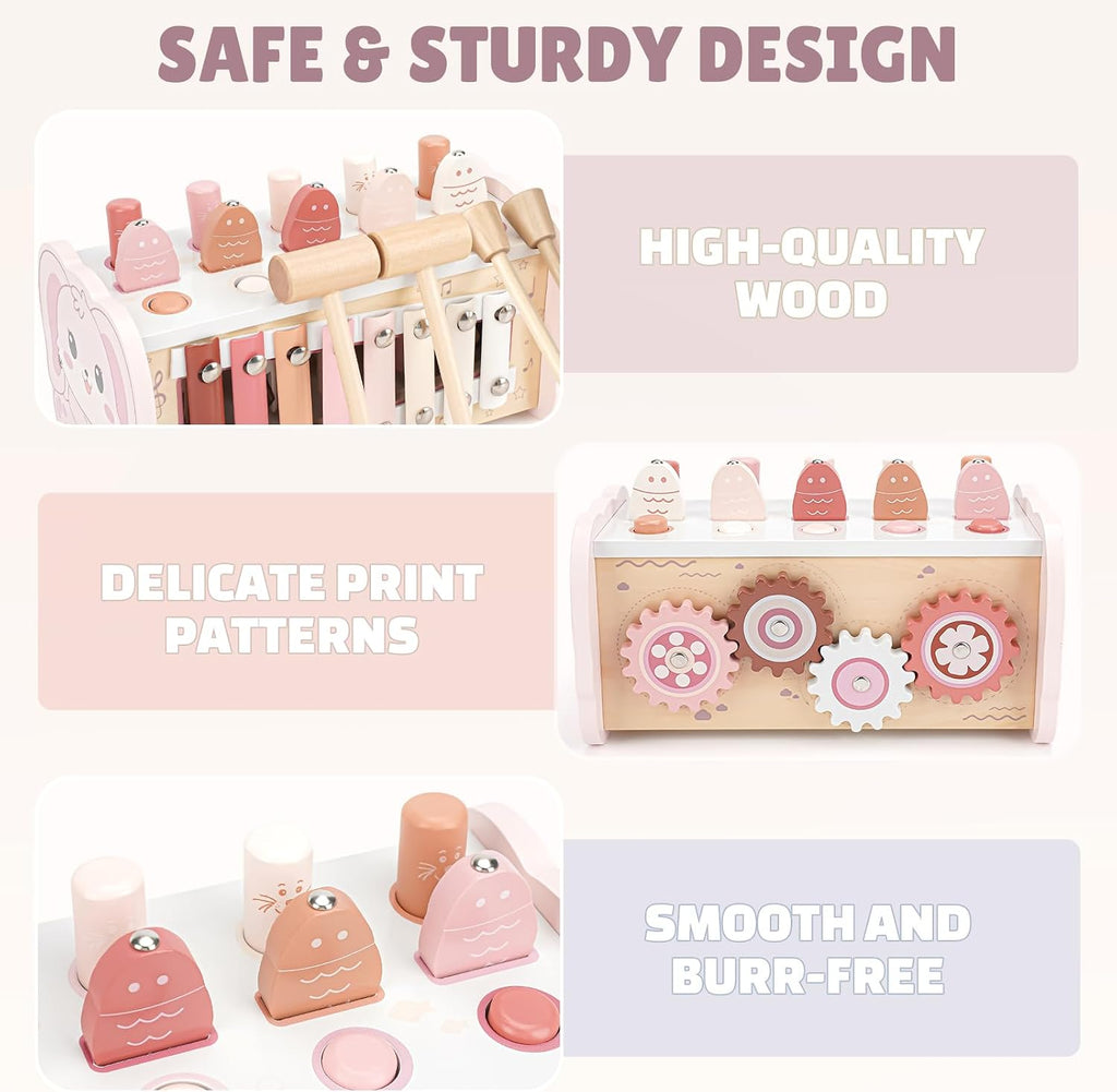 Joyreal Pink Wooden Montessori Toys for 1 Year Old Hammering Pounding Toys