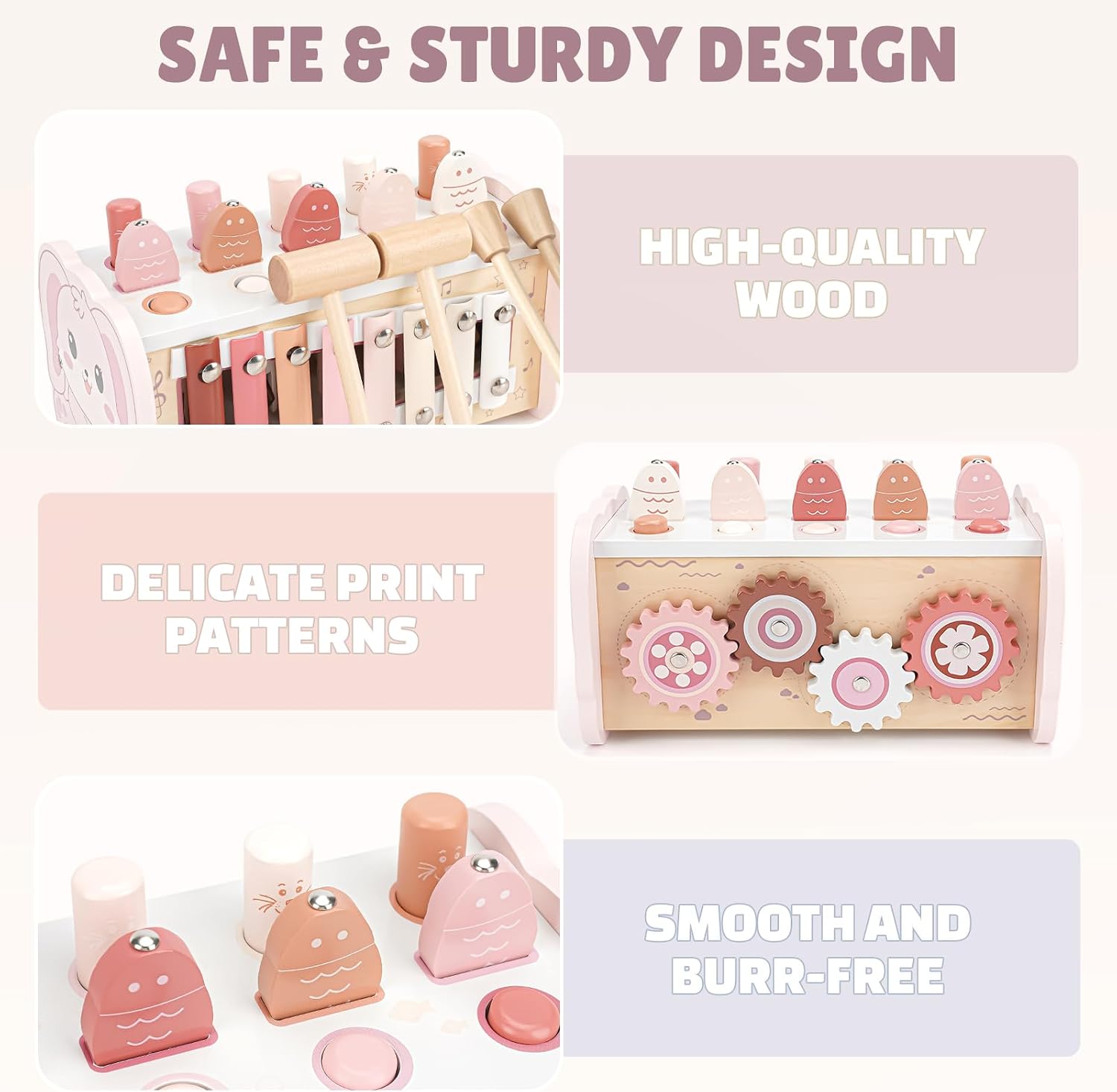 Joyreal Pink Wooden Montessori Toys for 1 Year Old Hammering Pounding Toys