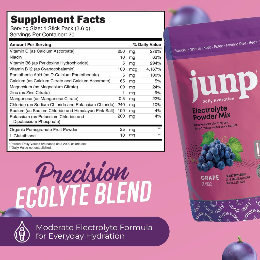 JUNP Sugar Free Electrolytes Powder Packets for Water Salt & Potassium Instant Hydration Packets, Zero Calorie No Carbs No Sugar Electrolyte Drink Mix Sticks, Keto Friendly Vine Ripened Grape 20 Pack
