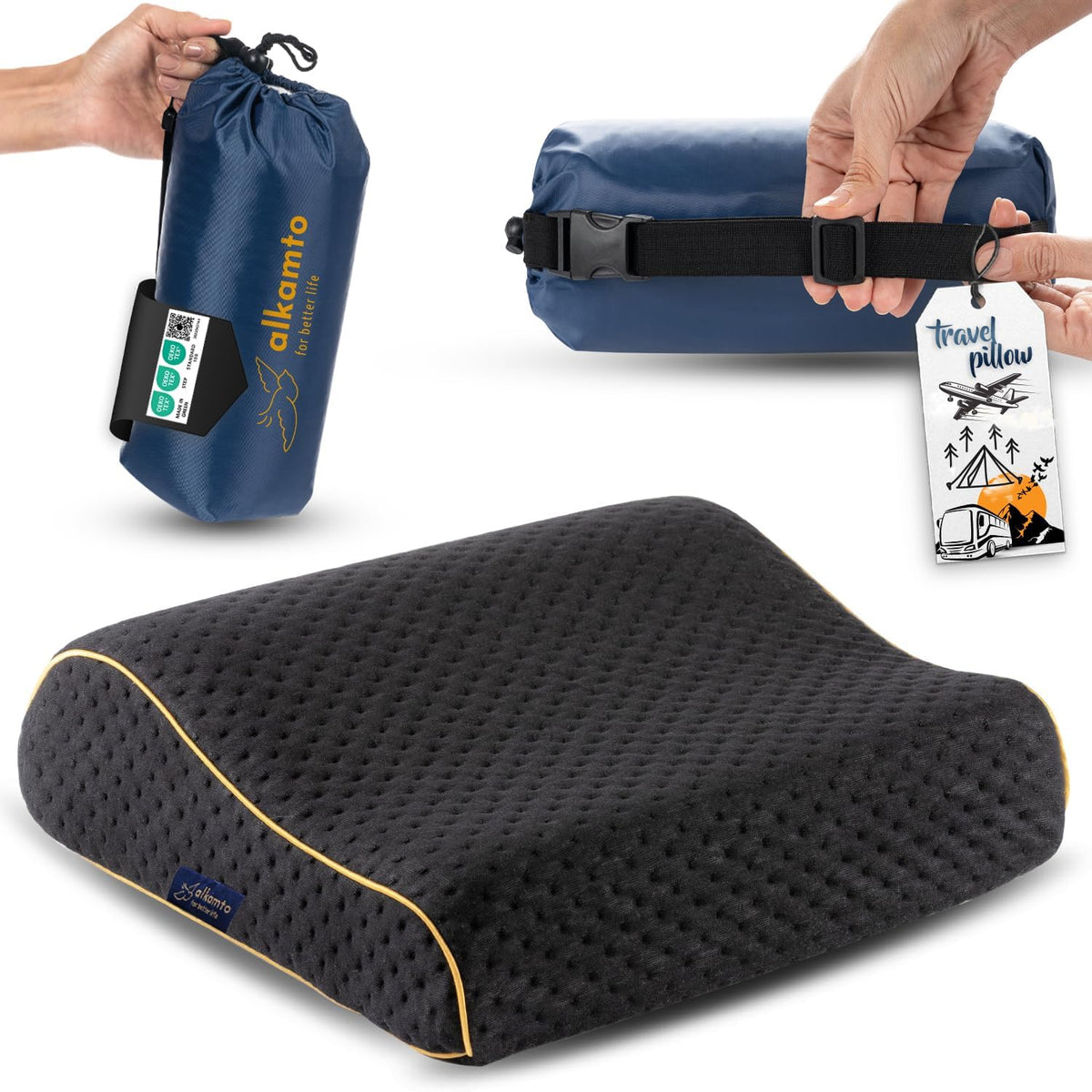 alkamto Travel & Camping Comfortable Memory Foam Pillow – Easy to Carry Portable Bag – Temperature Regulating Pillow Case (Black Contour)