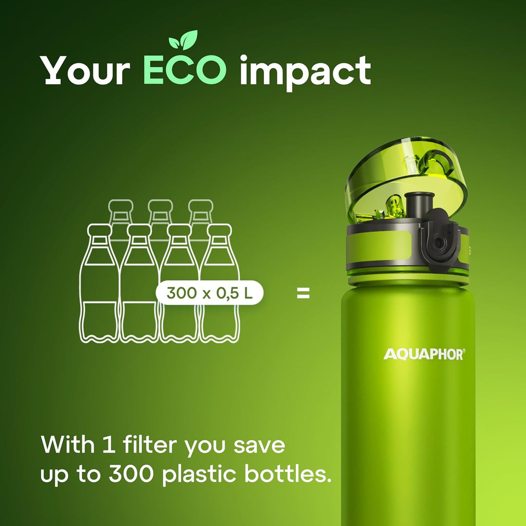 AQUAPHOR City Water Filter Bottle 17 oz | Reusable & Portable Filtered Water Bottle | BPA-Free | Perfect for Camping, Travel, Indoor & Outdoor Use | Green