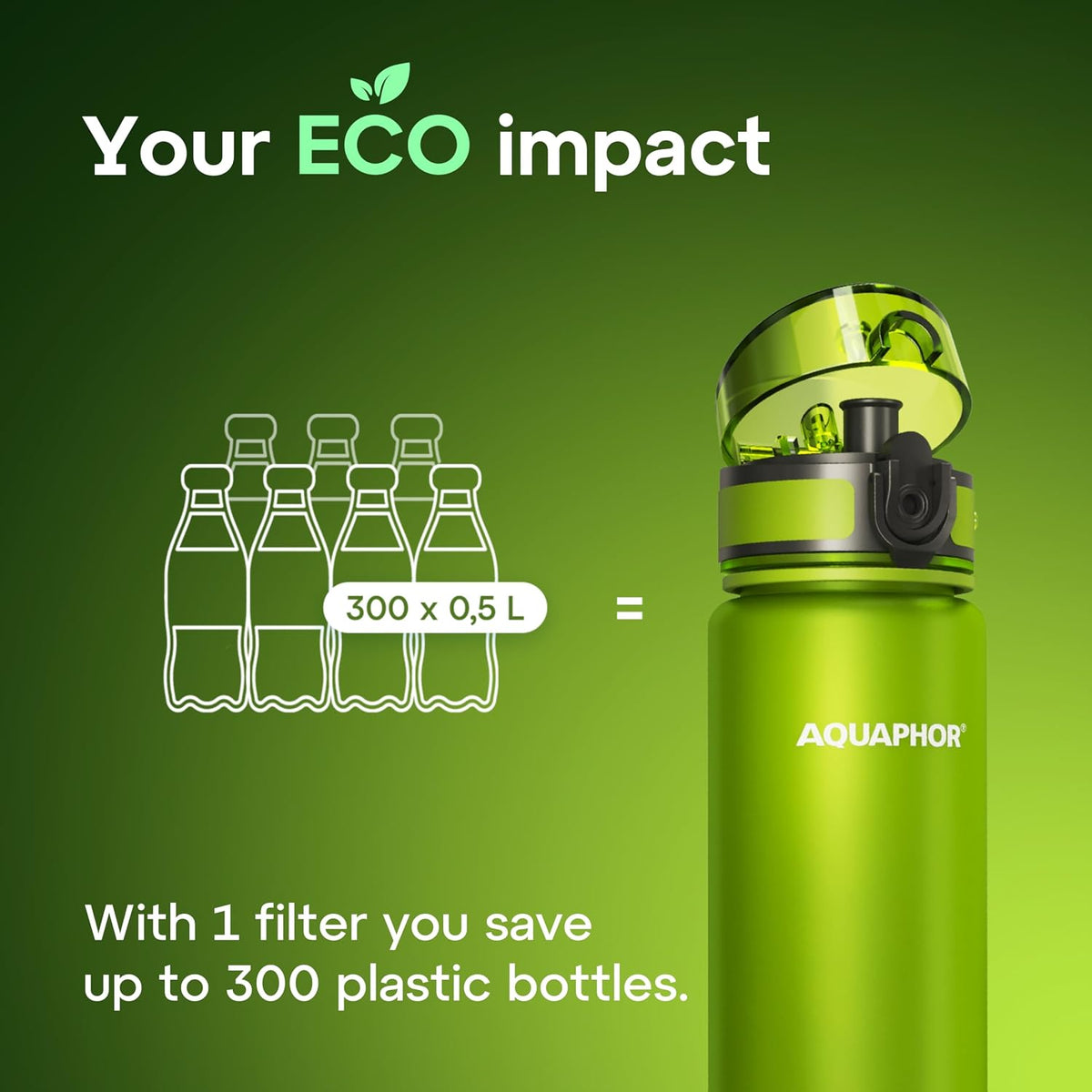 AQUAPHOR City Water Filter Bottle 17 oz | Reusable & Portable Filtered Water Bottle | BPA-Free | Perfect for Camping, Travel, Indoor & Outdoor Use | Green