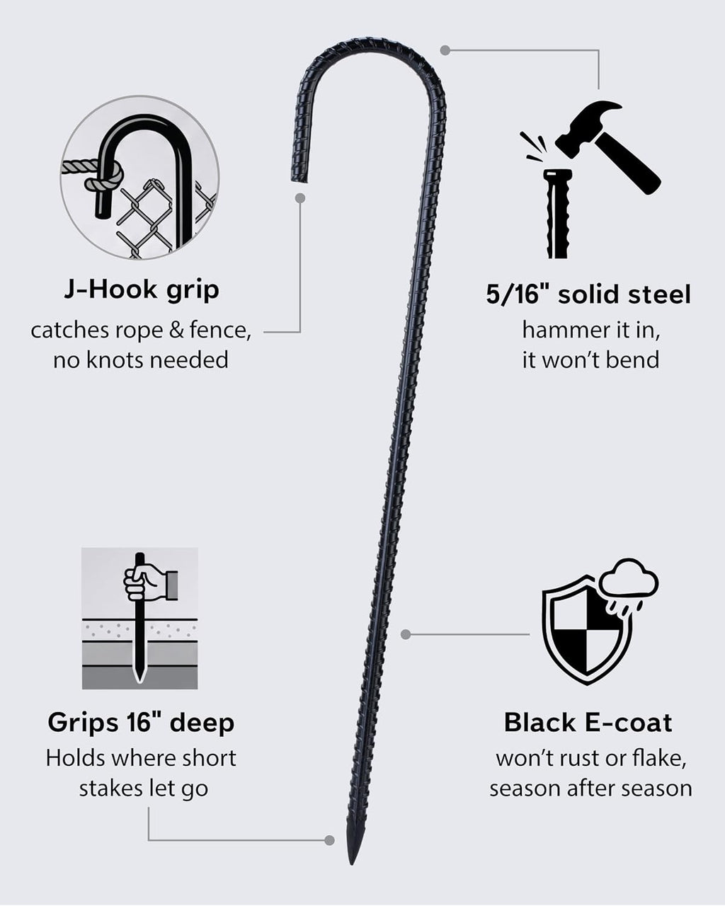 16 Inch J Hook Rebar Stakes 16 Pack, Heavy Duty 8mm Black E-Coated Metal Ground Stakes, Tent Anchors for Trampoline, Chain Link Fence, Canopy & Tarp, with Work Gloves & Safety Caps