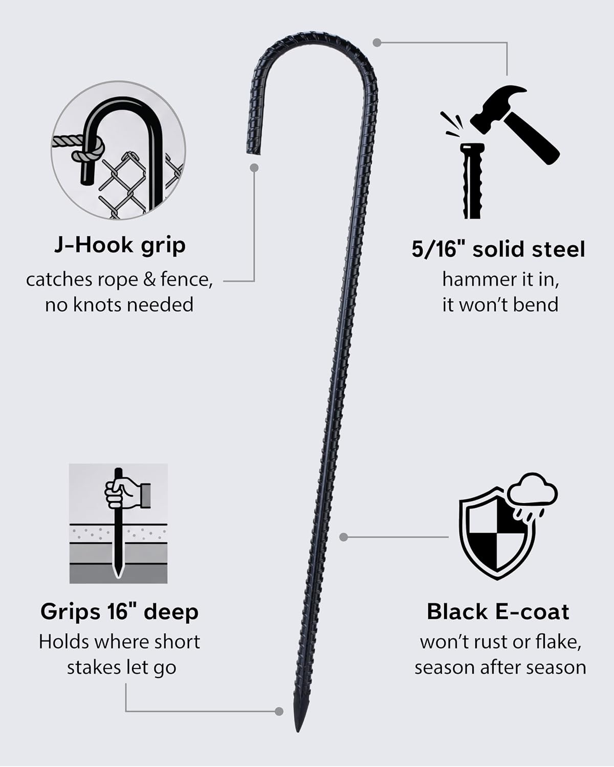 16 Inch J Hook Rebar Stakes 16 Pack, Heavy Duty 8mm Black E-Coated Metal Ground Stakes, Tent Anchors for Trampoline, Chain Link Fence, Canopy & Tarp, with Work Gloves & Safety Caps