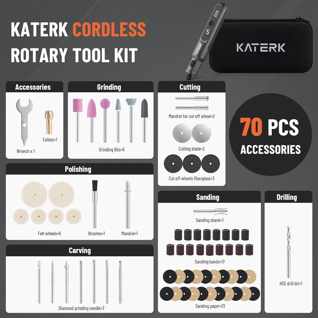 Katerk 3.7V Mini Cordless Rotary Tool Kit with 70 Accessories